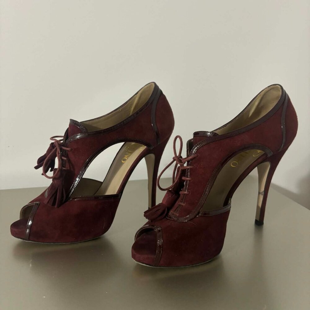 Valentino Burgundy Suede Open-Toe Ankle Booties with Tassel Tie